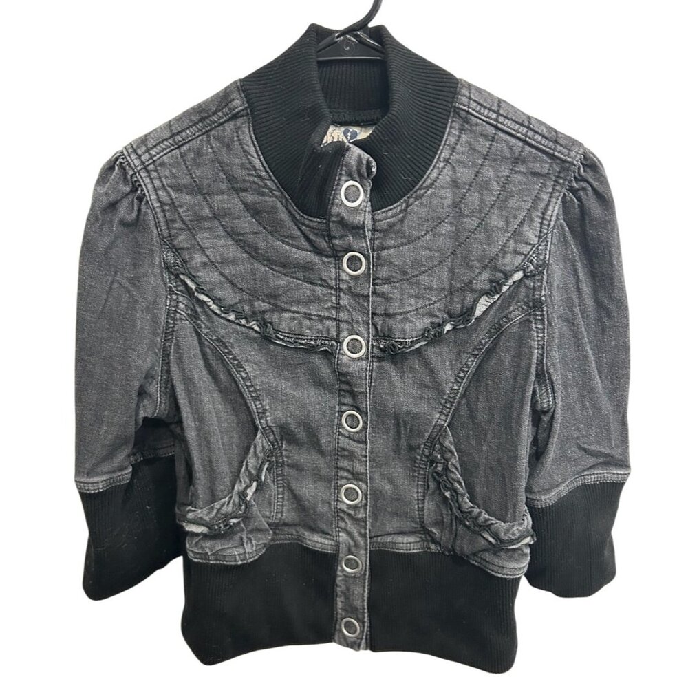 Vintage JoJo Quilted Black Denim Jacket With Button Closure Ribbed Trim Sz XL